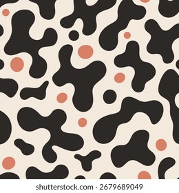 Um padrão repetitivo de formas pretas irregulares e pequenos pontos laranja em um plano de fundo de cor creme.