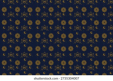 Padrão repetido de símbolos islâmicos em ouro sobre fundo azul escuro, apresentando luas crescentes, mesquitas e desenhos intrincados.
