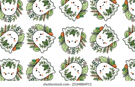 Repeating pattern kawaii-style ghosts surrounded by leaves and flowers. For textiles, gift wrap, holiday designs, Halloween.