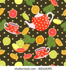 Repeating pattern with a kettle, cups, slices of citrus and leaves.