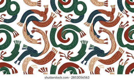 A repeating pattern of knitted scarves in warm colors on a white background.