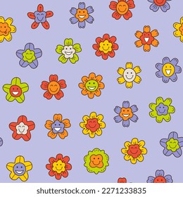 Repeating pattern, laughs flowers. Seamless backdrop, colorful smiling face. Creative branding design
