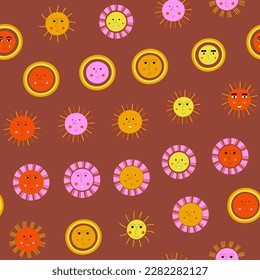 Repeating pattern, laughs suns. Seamless backdrop, colorful smiling face. Creative branding design
