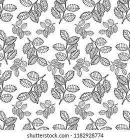 repeating pattern of leaves silhouette in black over white background for textile, fabric, backdrops and surface design. pattern swatch at eps. file