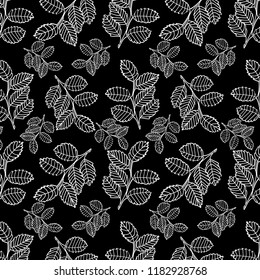 repeating pattern of leaves silhouette in white over black background for textile, fabric, backdrops and surface design. pattern swatch at eps. file