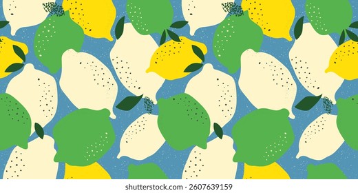 Repeating pattern of lemons and limes on a blue background. The lemons are depicted in shades of yellow and white, while the limes are green with a hint of yellow.