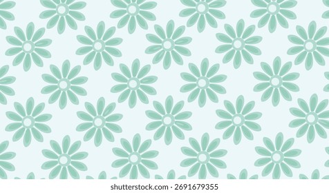 A repeating pattern of light green daisy-like flowers on a light blue background.