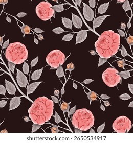 A repeating pattern of light pink roses against a deep black background. The roses are detailed, with soft shading and visible petals. The rosebuds are a slightly muted, peachy orange color.