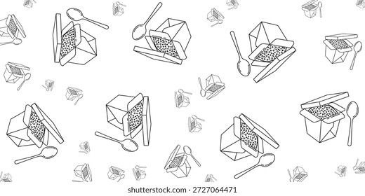 A repeating pattern of line art drawings of open takeout boxes filled with food and a spoon next to each.