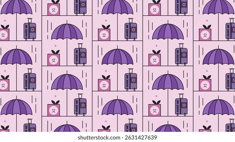 Repeating pattern with luggage, umbrella, and gift boxes in the rain.