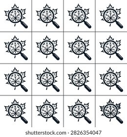 A repeating pattern of a magnifying glass focused on a maple leaf illustration