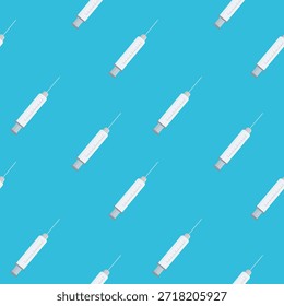 Patrón de repetición de jeringas médicas sobre fondo azul que representa el tema de la vacunación y la atención médica.