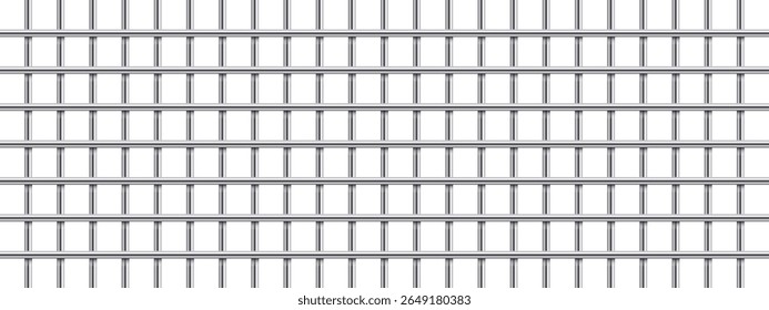 A repeating pattern of a metal grid against a white backdrop. The grid is formed by parallel rows and columns, creating evenly spaced square openings. The metallic structure appears uniform.