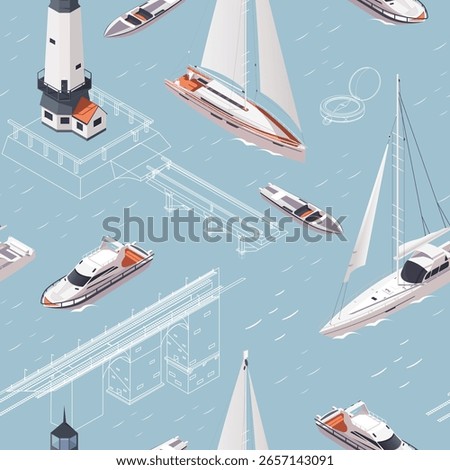 Repeating pattern of modern yachts, sailboats, lighthouse, and marine structures on blue background, nautical concept. Vector illustration