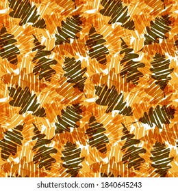 Repeating pattern with multilayered drawings of autumn oak leaves. Bright amber colors and informal, scribbly look. Suitable for stationery or textile design.