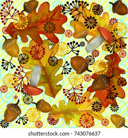 Repeating pattern. Mushrooms. Oak leaves and acorns. Stock vector illustration Autumn.