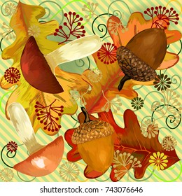 Repeating pattern. Mushrooms. Oak leaves and acorns. Stock vector illustration Autumn.