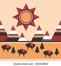 repeating pattern native indian style, landscape with mountains, buffaloes and sun