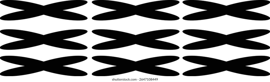 A repeating pattern of nine black abstract shapes arranged in three rows of three. 