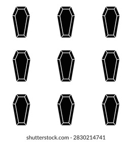 A repeating pattern of nine black coffins with geometric edges on a white background.
