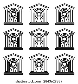 A repeating pattern of nine classical building facades with columns and a semicircular window