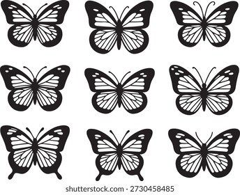 Padrão repetitivo de nove silhuetas idênticas de borboletas pretas, apresentando detalhes brancos intrincados em suas asas, sobre um fundo branco.