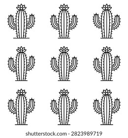 A repeating pattern of nine simple line art saguaro cactus icons arranged in a three by three grid.