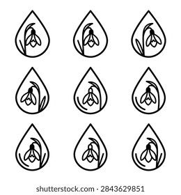 A repeating pattern of nine simple line art icons, each featuring a snowdrop flower within a water droplet shape.