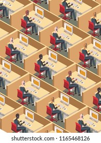 A repeating pattern of office workers in their cubicles