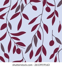 A repeating pattern of olive branches with leaves and olives in shades of burgundy and mauve on a light blue background.
