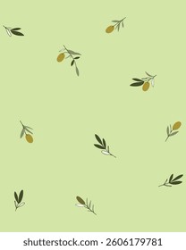 A repeating pattern of olive branches and olives on a light green background, creating a simple and natural design.
