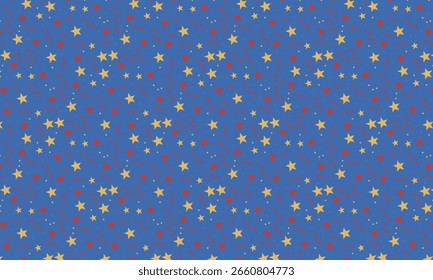 A repeating pattern on a blue background features scattered yellow stars, red hearts, and red wavy streamers. Small yellow dots are also interspersed throughout the design.