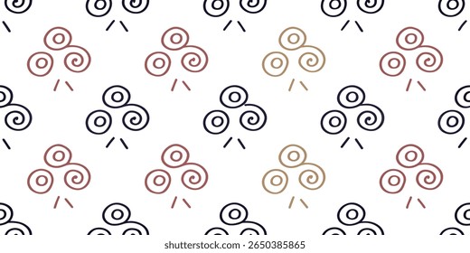 Um padrão repetitivo em um fundo branco com motivos azuis escuros em espiral e formas folheadas maroons e douradas espalhadas, criando um design sofisticado e orgânico.