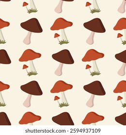 A repeating pattern of orange and brown mushrooms creates a playful, autumnal vibe.