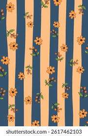 Repeating pattern of orange flowers and small berry branches on a striped background of blue and peach. Floral and slightly retro design.
