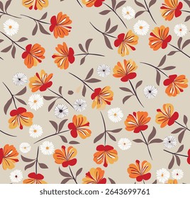 Repeating Pattern Of Orange And Red Flowers With Brown Stems And White Accents On A Beige Background.