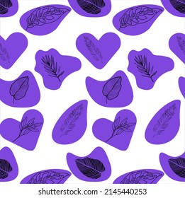 A repeating pattern of organic purple shapes with etched leaves.  Vector illustration.