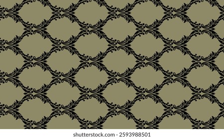 A repeating pattern of ornate black leaf-like shapes forming a lattice against a beige background, ideal for wallpaper, textile, gift wrapping.
