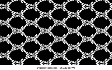 A repeating pattern of ornate, curved white designs against a black background, ideal for wallpaper, textile, gift wrapping.