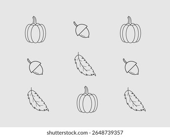 um padrão repetido de ícones de contorno, incluindo abóboras
