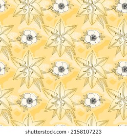 Un patrón repetido con flores de lirio y de aceite de cincule delineadas sobre un fondo de arena amarilla. Gran impresión natural para tela. Patrón botánico en vector.