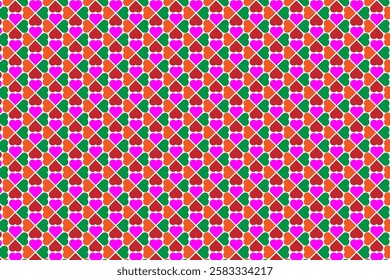 A repeating pattern of overlapping hearts in various shades of pink, orange, red, and green, set against a clean white background.