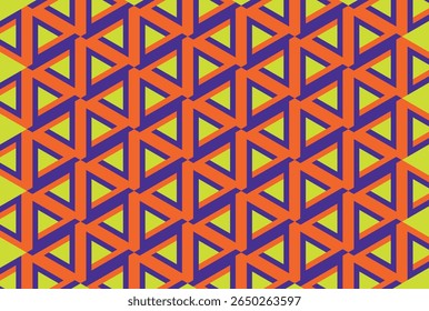 Padrão repetitivo de triângulos sobrepostos em laranja vibrante e roxo, criando uma ilusão óptica de profundidade em um fundo verde-limão claro.