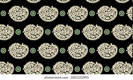 repeating pattern of paisley-like shapes with floral and leaf designs, alternating with small green circles, all set against a black background, for textile, wallpaper, gift wrapping.