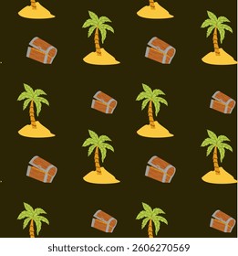 Repeating pattern of palm trees and treasure chests on dark background.