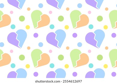 Repeating pattern of pastel-colored broken hearts and playful dots on a white background.