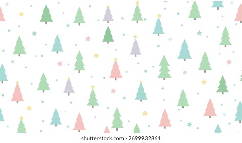 A repeating pattern of pastel-colored Christmas trees scattered across a white background, creating a whimsical and festive holiday design.