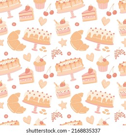 Repeating pattern with pastry desserts. Cakes, cupcakes, baked goods. Vector seamless pattern for bakery decoration. 