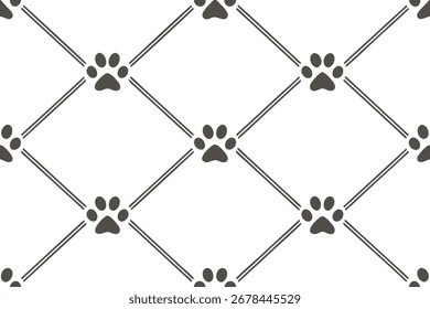 Repeating Pattern of Paw Prints and Lines on White