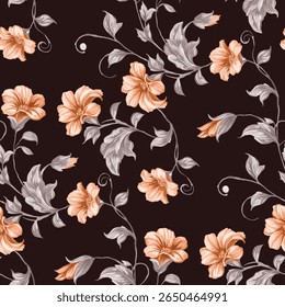A repeating pattern of peach colored flowers and gray toned leaves on a dark brown background. The flowers are large and have a slightly asymmetrical, almost bell shaped.